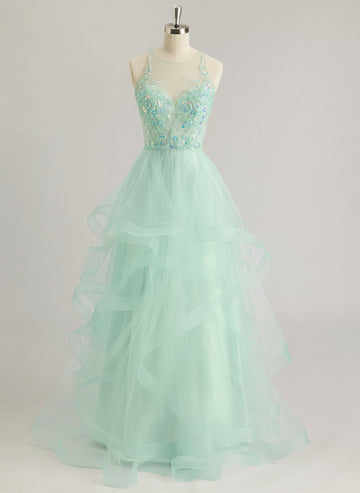 Ball-Gown/Princess Illusion Floor-Length Tulle Prom Dresses With Sequins Beading