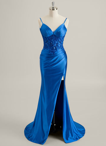 Trumpet/Mermaid V-Neck Sweep Train Lace Jersey Maxi Dresses With Sequins Pleated