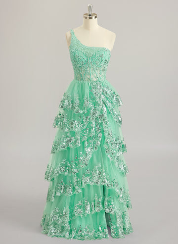 A-line One Shoulder Floor-Length Lace Tulle Maxi Dresses With Sequins