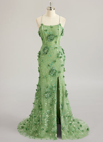 Sheath/Column Scoop Sweep Train Lace Maxi Dresses With Flower Sequins 3D Floral