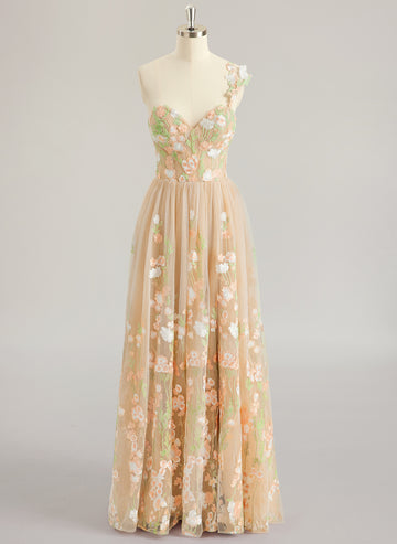 A-line One Shoulder Floor-Length Lace Maxi Dresses With Flower