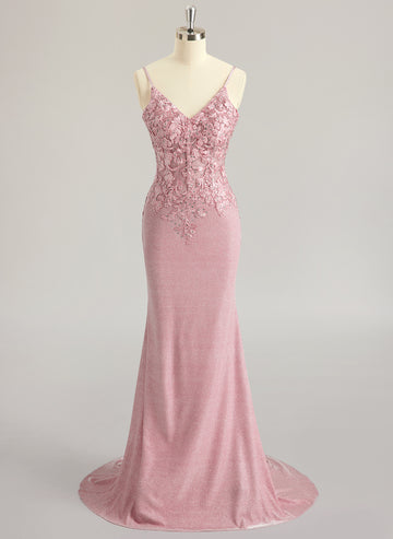 Trumpet/Mermaid V-Neck Sweep Train Lace Jersey Maxi Dresses With Rhinestone