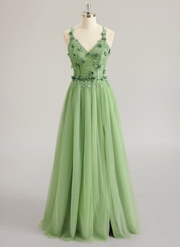 A-line V-Neck Floor-Length Tulle Lace Maxi Dresses With Sequins 3D Floral Flower