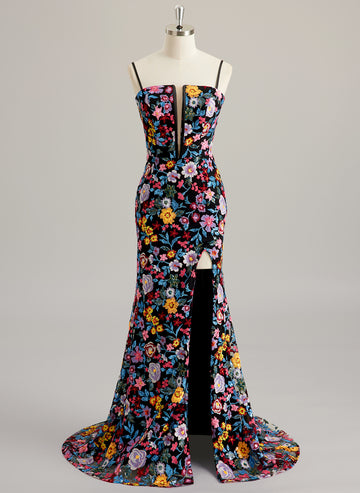 Trumpet/Mermaid Square Sweep Train Lace Maxi Dresses With Flower Sequins