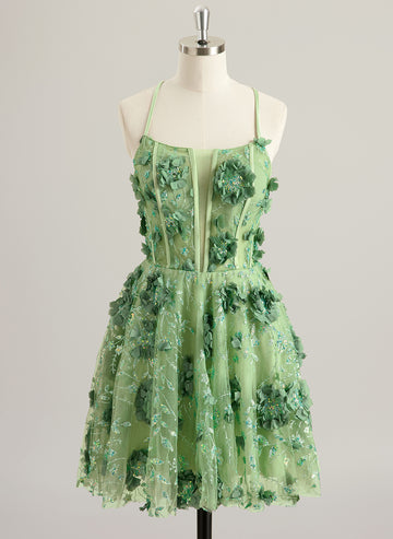 A-line Scoop Mini Lace Mini Dress With Flower 3D Floral Sequins