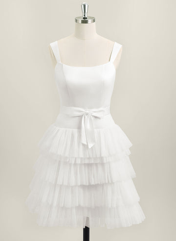 A-line Sleeveless Short Satin Tulle Homecoming Dress With Bow