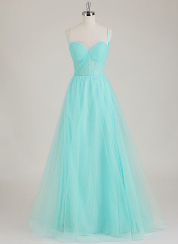 Sleeveless Spaghetti Straps Sweetheart Pleated Tulle A-line Maxi Dress