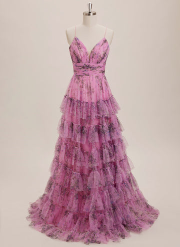 Ball-Gown/Princess V-Neck Sweep Train Tulle Maxi Dresses With Cascading Ruffles Pleated