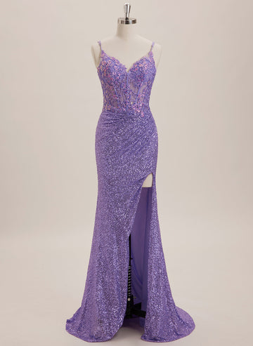 Trumpet/Mermaid V-Neck Floor-Length Jersey Prom Dresses With Sequins