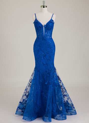 Spaghetti Straps V-Neck 3D Floral Lace Trumpet/Mermaid Maxi Dress