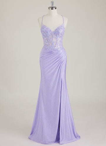 Spaghetti Straps V-Neck Sequins Jersey Trumpet/Mermaid Maxi Dress With Leg Slit