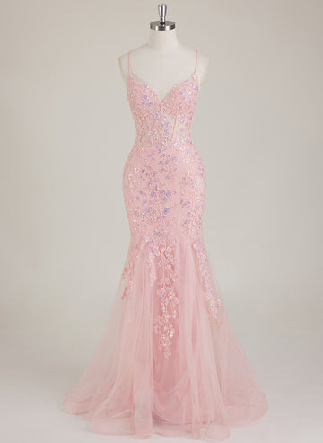 Sleeveless V-Neck Sequins Tulle Trumpet/Mermaid Maxi Dress