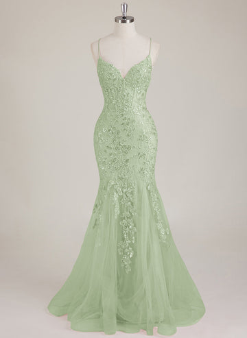 Sleeveless V-Neck Sequins Tulle Trumpet/Mermaid Maxi Dress