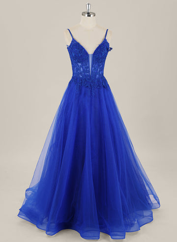 A-line Sleeveless Sweep Train Tulle Maxi Dress With Appliques Lace