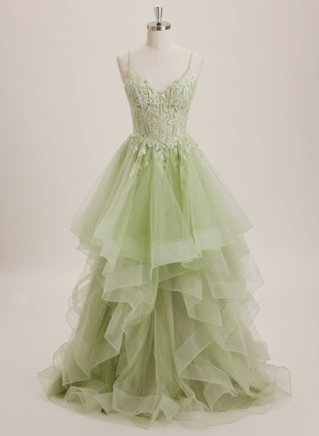 Ball-Gown/Princess V-Neck Sweep Train Tulle Maxi Dresses With Appliques Lace