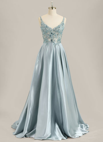 A-line Sleeveless Sweep Train Satin Prom Dress With Sequins