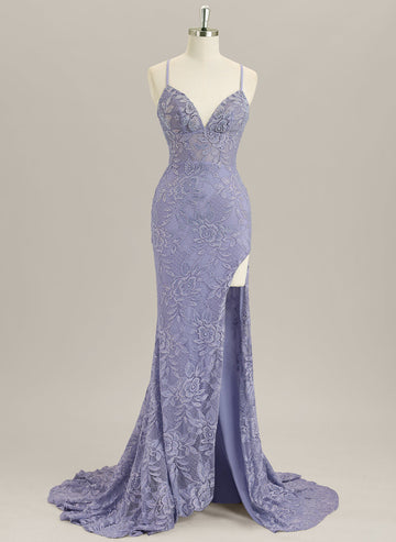 Trumpet/Mermaid Sleeveless Sweep Train Lace Prom Dress With Rhinestone