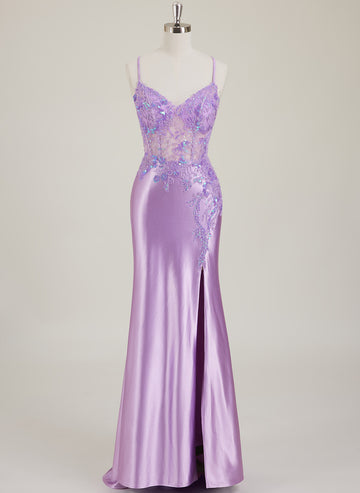 Spaghetti Straps V-Neck Sequins Jersey Trumpet/Mermaid Maxi Dress With Leg Slit