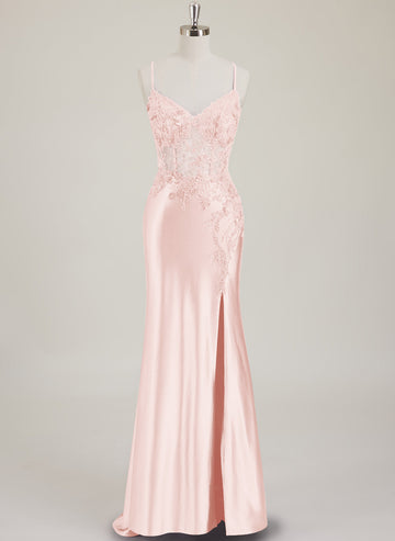 Spaghetti Straps V-Neck Sequins Jersey Trumpet/Mermaid Maxi Dress With Leg Slit