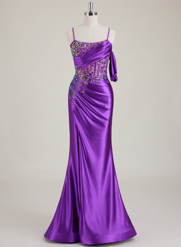 Spaghetti Straps Scoop Corset Sequins Jersey Trumpet/Mermaid Maxi Dress With Leg Slit