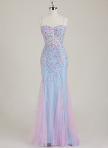 Spaghetti Straps Sweetheart Rhinestone Sequins Tulle Trumpet/Mermaid Maxi Dress