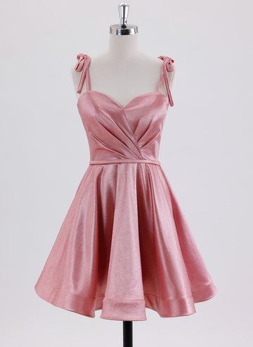 A-line Spaghetti Straps Short Satin Homecoming Dress With Pleated