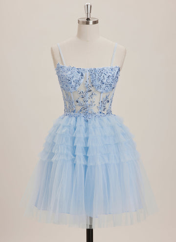 A-line Square Short Tulle Mini Dress With Beading Sequins