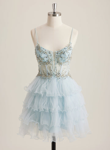 Ball-Gown/Princess Scoop Short Tulle Mini Dress With Rhinestone Sequins Beading
