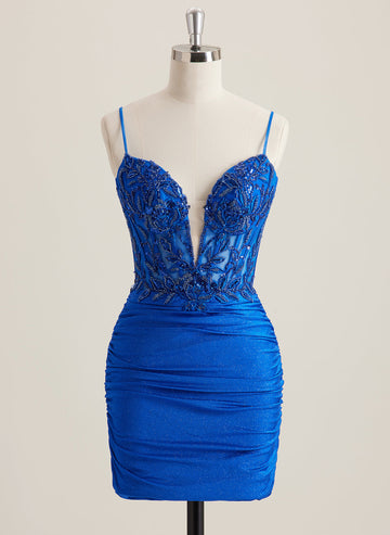 Sheath/Column V-Neck Short Jersey Mini Dress With Beading Sequins