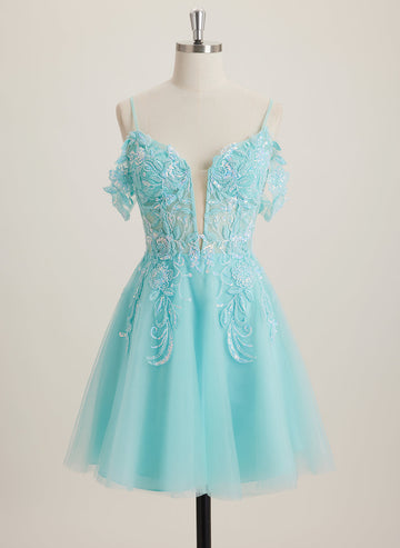 A-line Off the Shoulder Short Tulle Mini Dress With Beading Sequins