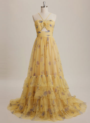 Ball-Gown/Princess Sweetheart Sweep Train Tulle Maxi Dresses With 3D Floral Ruffle