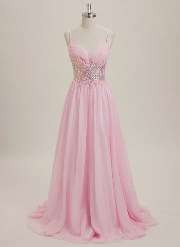 A-line V-Neck Sweep Train Chiffon Maxi Dresses With Sequins