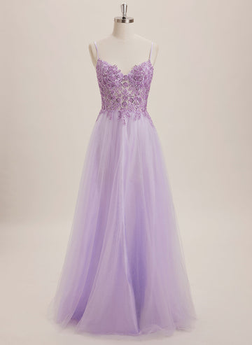 A-line V-Neck Floor-Length Tulle Maxi Dresses With Sequins