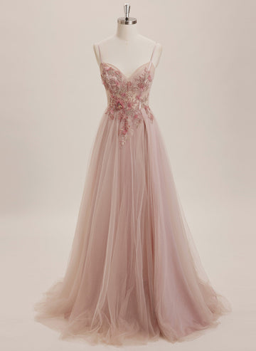 Ball-Gown/Princess V-Neck Sweep Train Tulle Maxi Dresses With Rhinestone Appliques Lace Sequins