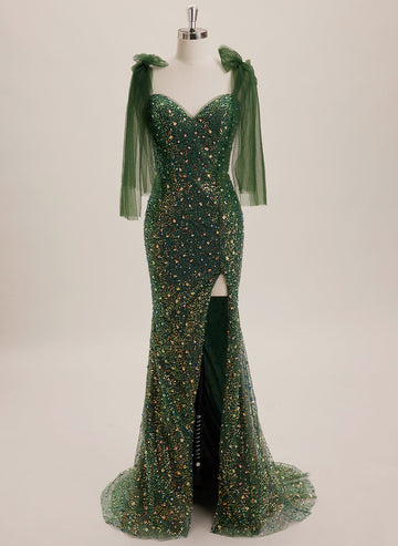 Trumpet/Mermaid V-Neck Sweep Train Sequin Maxi Dresses With Bow Sequins Beading