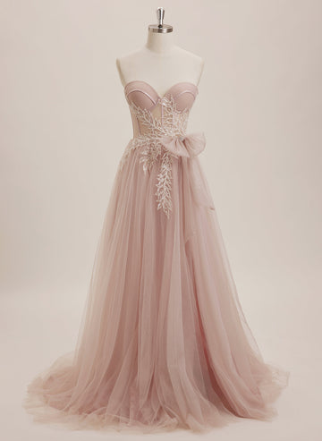 Ball-Gown/Princess Sweetheart Sweep Train Tulle Maxi Dresses With Bow Sequins Rhinestone