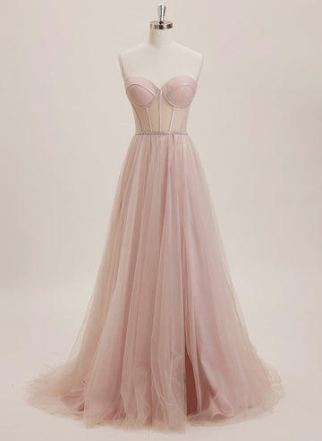 Ball-Gown/Princess Sweetheart Sweep Train Tulle Maxi Dresses With Rhinestone