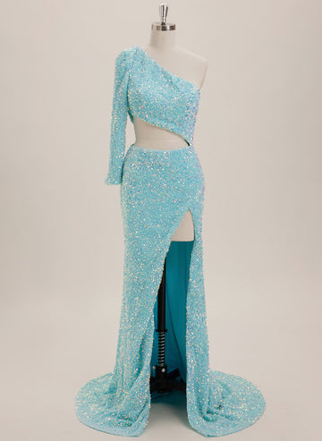 Trumpet/Mermaid One Shoulder Sweep Train Sequin Maxi Dresses With Sequins