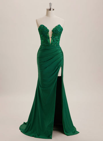 A-line V-Neck Sweep Train Jersey Maxi Dresses With Sequins