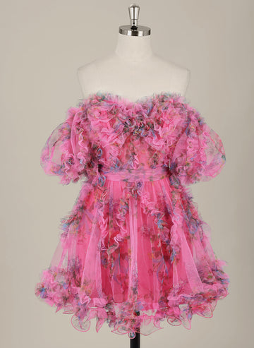 Ball-Gown/Princess Short Sleeve Short Tulle Homecoming Dress With Ruffle