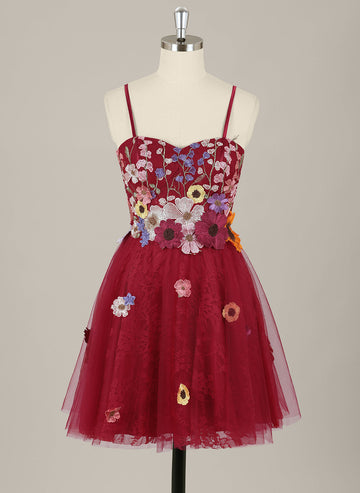 A-Line Spaghetti Straps Short Tulle Homecoming Dress With Appliques Lace