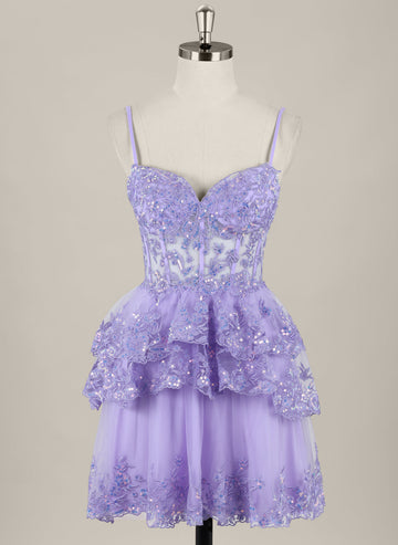 Ball-Gown/Princess Spaghetti Straps Short Tulle Homecoming Dress With Sequins