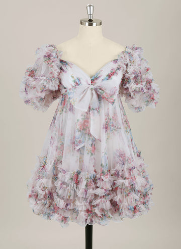 Ball-Gown/Princess Short Sleeve Short Tulle Homecoming Dress With Ruffle