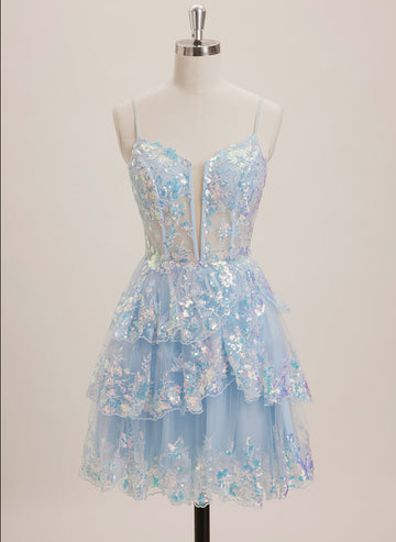 A-line V-Neck Short Tulle Mini Dress With Sequins