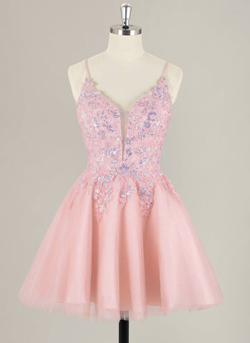 A-Line Spaghetti Straps Short Tulle Homecoming Dress