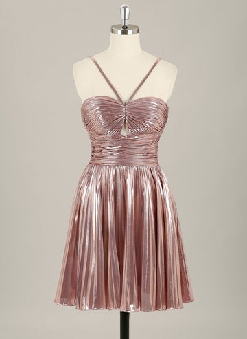 A-Line Spaghetti Straps Short Metallic Homecoming Dress