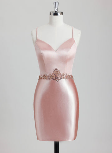 Bodycon V-Neck Short Satin Homecoming Dress With Beading Sequins
