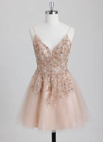 A-line V-Neck Short Tulle Homecoming Dress With Beading Sequins