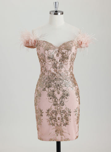 Bodycon Off the Shoulder Short Sequin Homecoming Dress With Faux Feather Sequins
