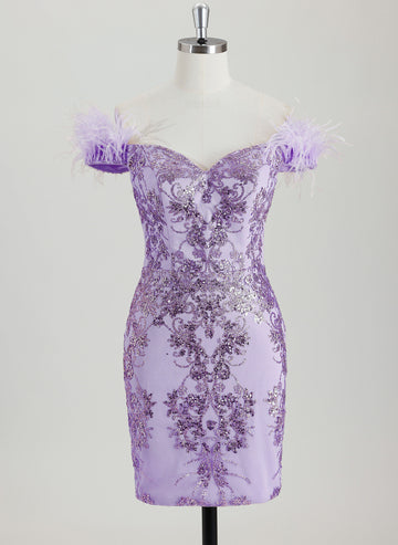 Bodycon Off the Shoulder Short Sequin Homecoming Dress With Faux Feather Sequins